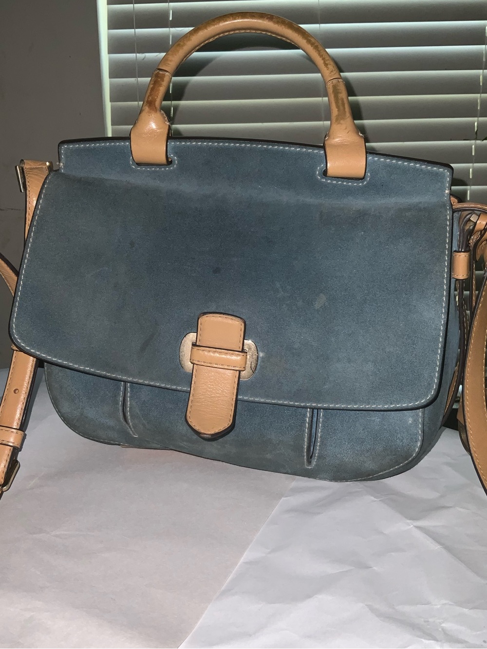 Michael Kors Blue Suede Crossbody Satchel with Tan Leather Trim